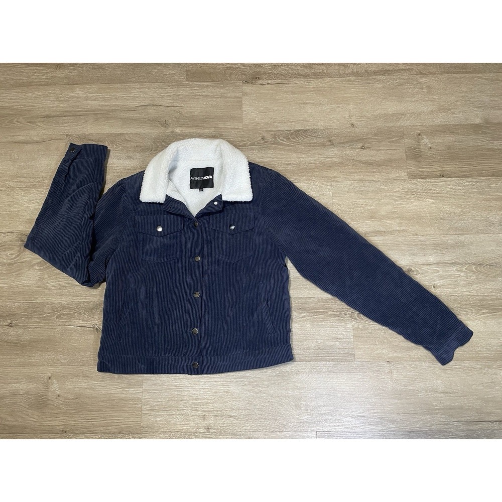 Fashion Nova Women's Sz S Blue Sherpa Lined Corduroy Jacket Small